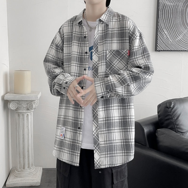 flowersverse Harajuku Plaid Shirt Men Hip Hop Flannel Checked Over Size Shirt High Quality Spring New Oversize Streetwear Green Retro Blouses