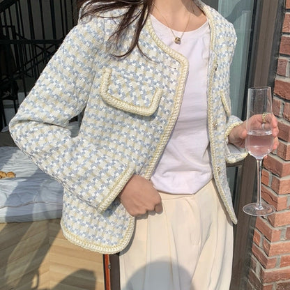 flowersverse High Quality French Vintage Small Fragrance Tweed Jacket Coat Women's Spring Autumn Casual Fried Street Short Coat Plaid Outwear