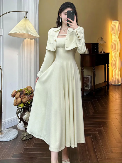 flowersverse Vintage College Style Cropped Blazer Two Piece Dress Sets Women's Short Jacket Coat +Strapless Sling Slim Mid Dress Suits Female