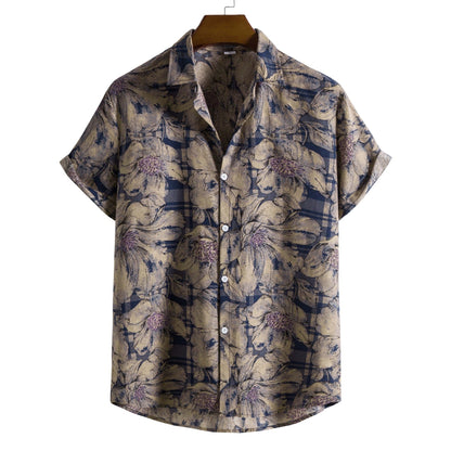 flowersverse Mens Vintage Button Up Cotton Linen Shirts Slim Fit Short Sleeve Hawaiian Floral Shirt Men Harajuku Streetwear Casual Camisas
