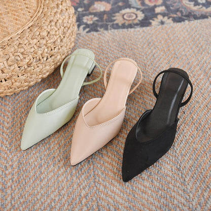 Amozae Women Sandals Summer Pointed Toe Square Med Heel Solid Back Strap Lady Pumps Leisure Fashion Concise Casual Females Shoes