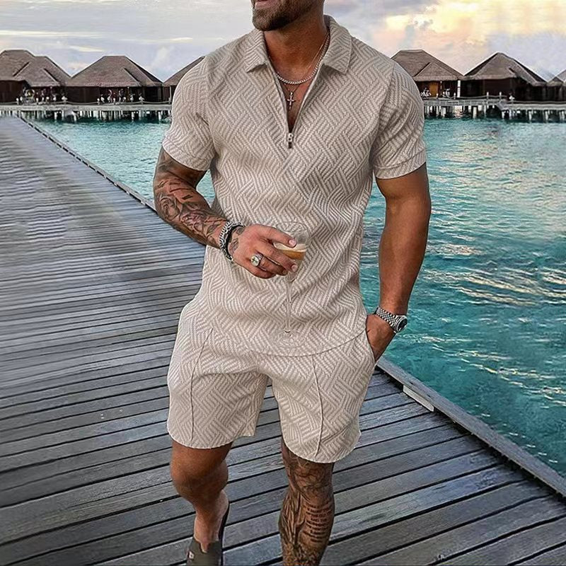 flowersverse Men's Polo Suit Fashion Men Sets Mens Solid Color Summer V-neck Zipper Short Sleeve POLO Shirt+Shorts Two Pieces Men Casual Suit