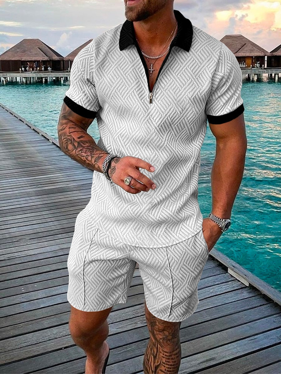 flowersverse Men's Polo Suit Fashion Men Sets Mens Solid Color Summer V-neck Zipper Short Sleeve POLO Shirt+Shorts Two Pieces Men Casual Suit