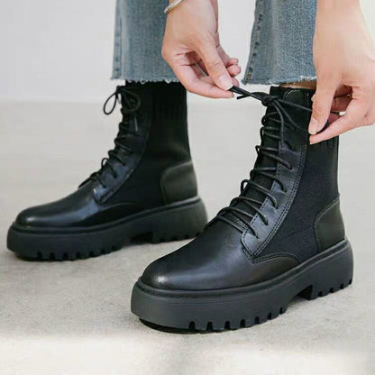 Christmas Gift Fashion Boots Women Lace Up Comfort Platform Mid Calf Boots Woman Sock Shoes Ladies No Slip Flats Boots Autumn Botas Female