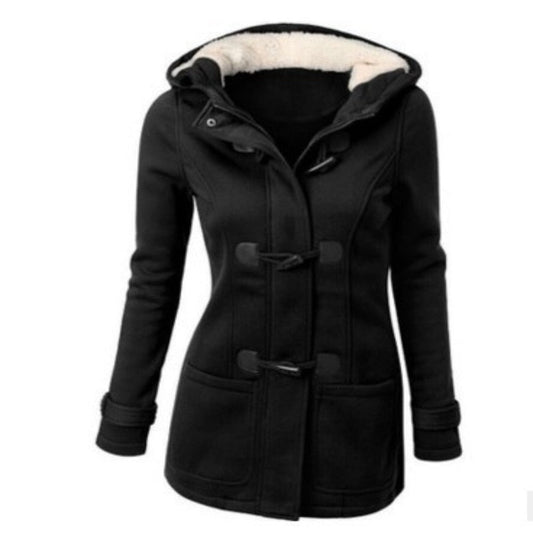 flowersverse Hooded Cotton Blend Classic Horn Leather Buckle Coat Jacket Cotton Coat Women
