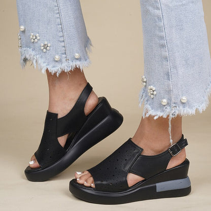 flowersverse Women Sandals Summer Solid Fish Mouth High Wedge Heel Ankle Straps Lady Sandals Fashion Concise Casual Females Shoes