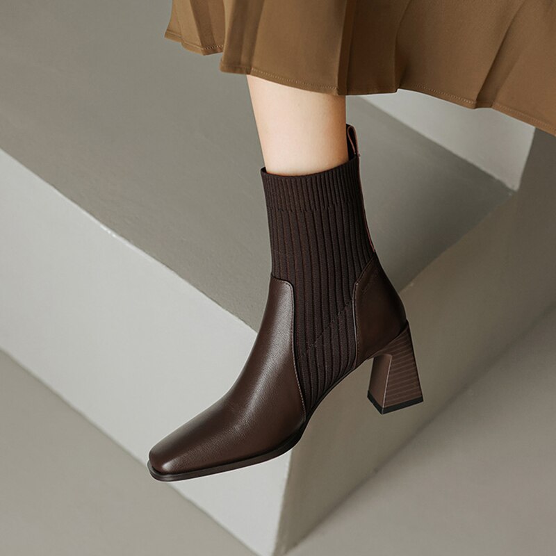 flowersverse Winter Stretch Women Boots High Thick Heel Square Head Retro Lady Boot Knitted Socks Fashion Solid Concise Design   Shoe