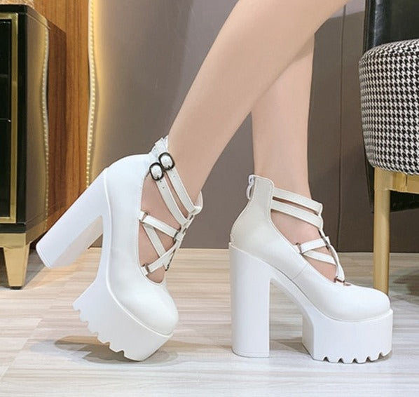 Thanksgiving  flowersverse  Fashion Women Pumps High Heels Zipper Rubber Sole Black Platform Shoes Spring Autumn Leather Shoes Female Gothic Pentagon