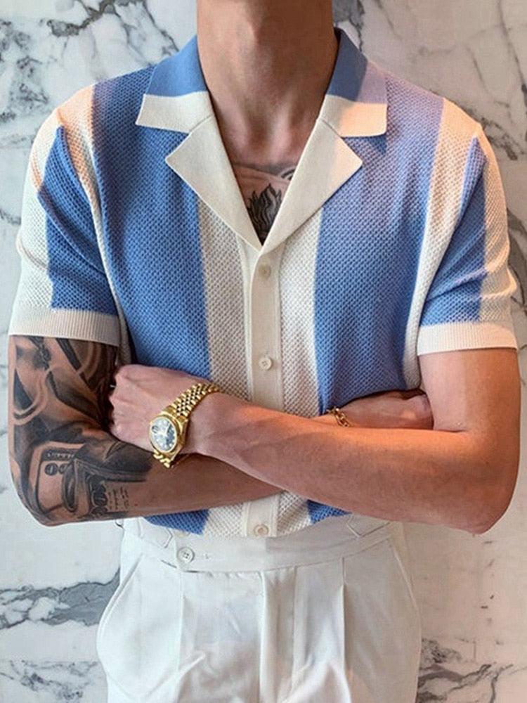 flowersverse Summer Short Sleeve Knitted Polo Shirt Casual Men Button-up Turn-down Collar Tops Mens Fashion Striped Polos Man Streetwear