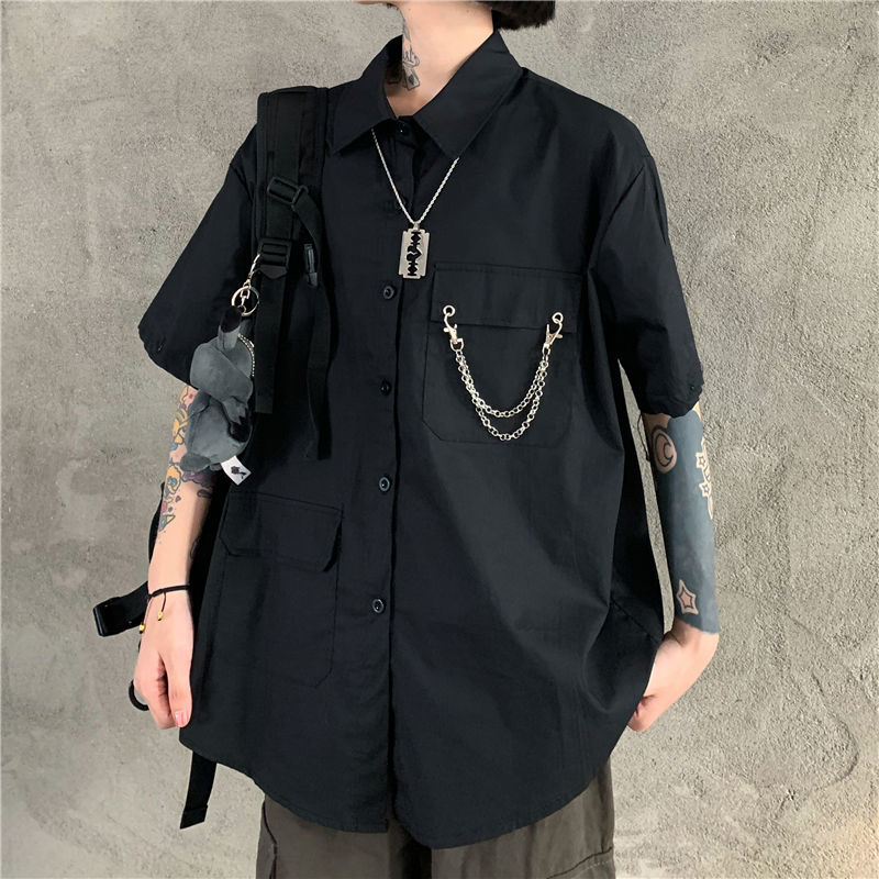 flowersverse Gray Shirts Women Harajuku Detachable Sleeve Oversized Bf Gothic Blouse with Tie Vintage Streetwear Punk Autumn Shirt