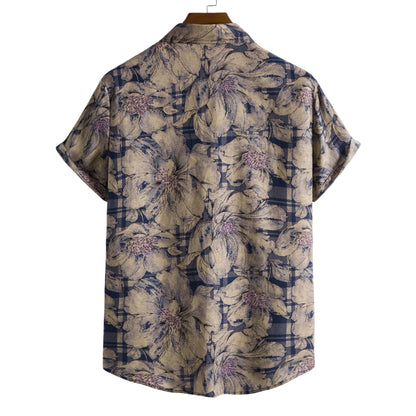 flowersverse Mens Vintage Button Up Cotton Linen Shirts Slim Fit Short Sleeve Hawaiian Floral Shirt Men Harajuku Streetwear Casual Camisas