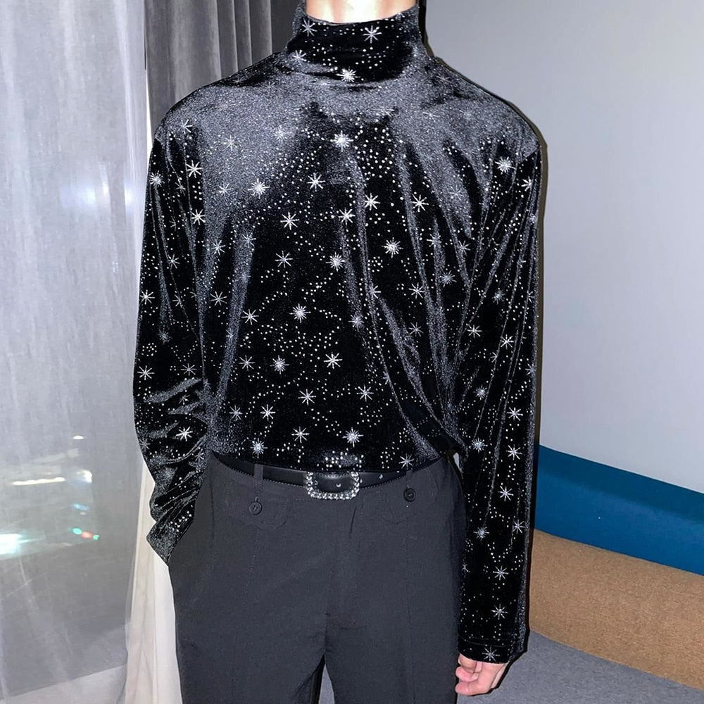 flowersverse Men Casual T Shirt Printed Velour Turtleneck Streetwear Long Sleeve Undershirts Cozy Leisure Men Clothing EU XS-XL