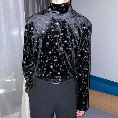 flowersverse Men Casual T Shirt Printed Velour Turtleneck Streetwear Long Sleeve Undershirts Cozy Leisure Men Clothing EU XS-XL