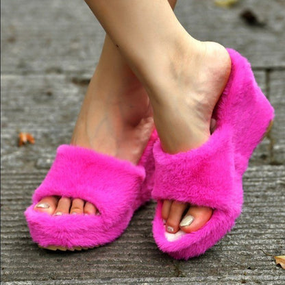 flowersverse Luxury New Women Feminine High-Heeled Fur Drag Outdoor All-Match Shoes Slippers Round Head Wedges With Mink Fur Slippers