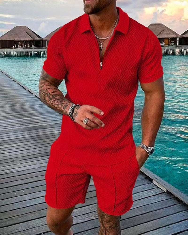 flowersverse Men's Polo Suit Fashion Men Sets Mens Solid Color Summer V-neck Zipper Short Sleeve POLO Shirt+Shorts Two Pieces Men Casual Suit