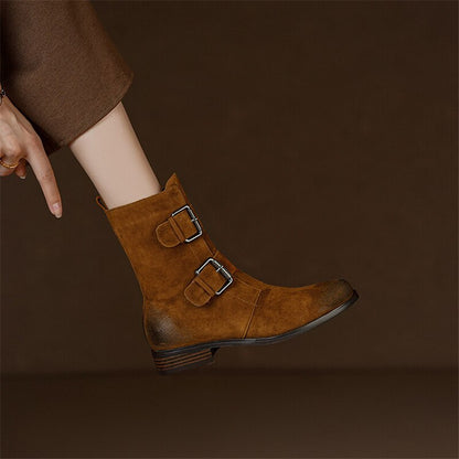 flowersverse  Autumn Winter Round Toe Women Boots Chunky Heel Shoes For Women Short Boots Belt Buckle Low Heels Sheep Suede Knight Boots