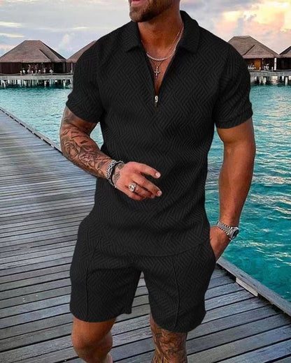flowersverse Men's Polo Suit Fashion Men Sets Mens Solid Color Summer V-neck Zipper Short Sleeve POLO Shirt+Shorts Two Pieces Men Casual Suit