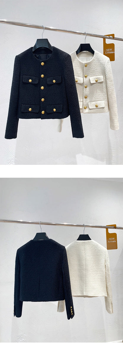 flowersverse Autumn Winter Small Fragrant Tweed Jacket Coat Women Vintage Woolen Short Coats Streetwear Elegant Casual Slim Outwear Crop Top