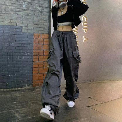 Women Casual Joggers Tech Pants Vintage Solid Low Waist Drawstring Baggy Trousers Y2K Wide Leg Sweatpants Streetwear Cargo Pants