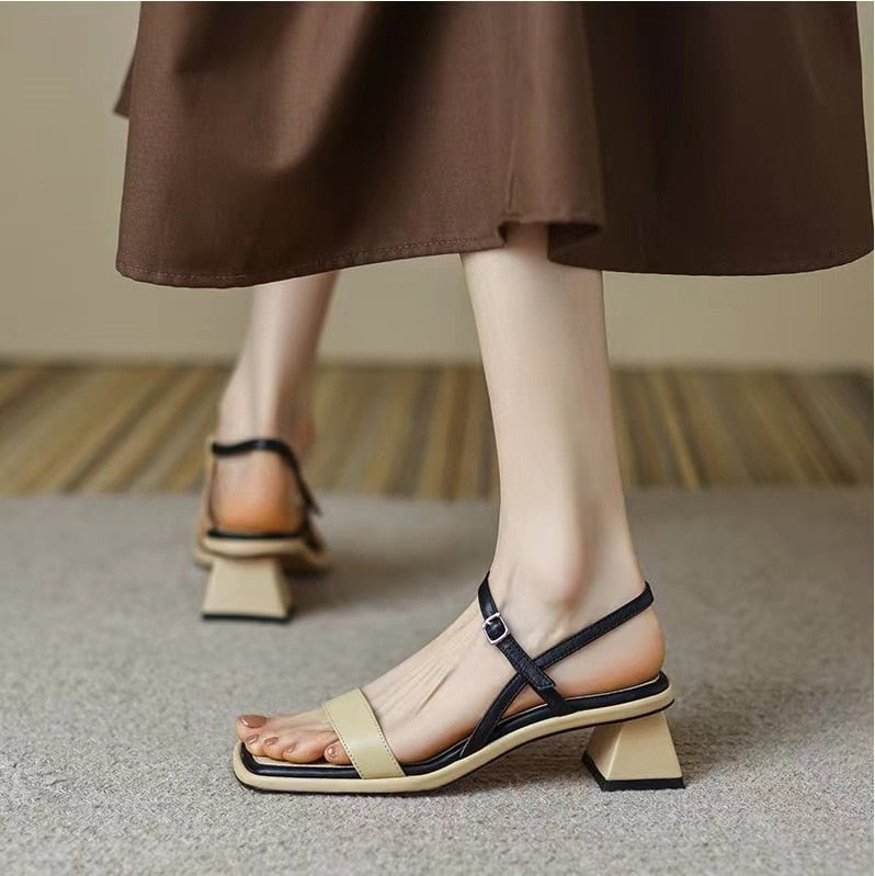 Amozae Summer Women Sandals Color Matching Square Toe Buckle Mid Block Heel Females Slippers Fashion High Quality Cozy Lady Shoe