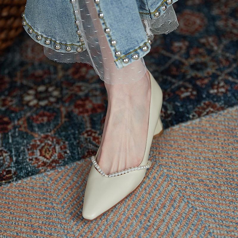 flowersverse Pearls Women's Shoes Pointed Elegant Square Head Female Pumps Retro Summer High-heeled Shallow Mouth Ladies Work Shoes