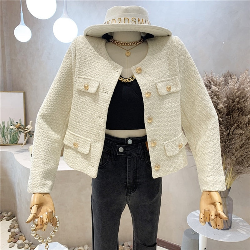 flowersverse Autumn Winter Small Fragrant Tweed Jacket Coat Women Vintage Woolen Short Coats Streetwear Elegant Casual Slim Outwear Crop Top