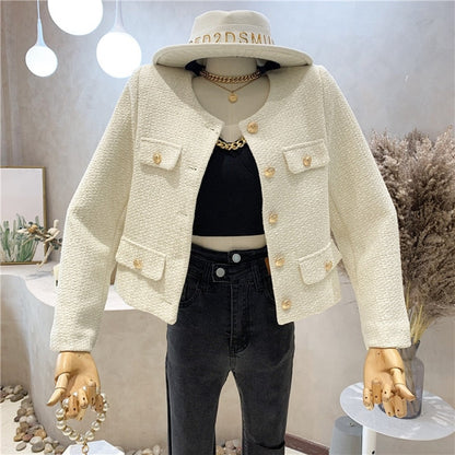 flowersverse Autumn Winter Small Fragrant Tweed Jacket Coat Women Vintage Woolen Short Coats Streetwear Elegant Casual Slim Outwear Crop Top