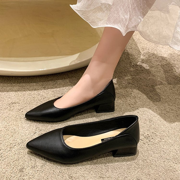 flowersverse New Fashion Exquisite Ladies Beautiful Solid Color Shallow Mouth Thick Heel Soft Sole Pointed Toe Heel Shoes Ladies High Heels