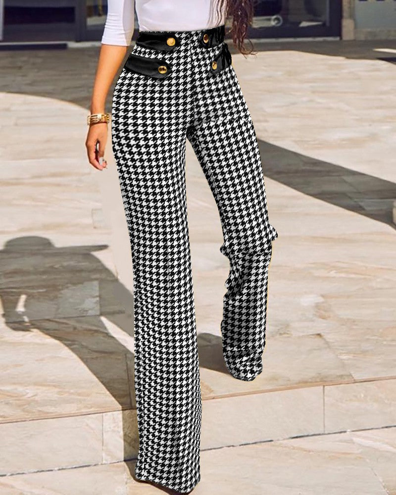 flowersverse Women Buttoned High Waist Wide Leg Tailored Pants Spring Casual Ladies Plaid Long Pencil Pants Elegant Trousers Overalls