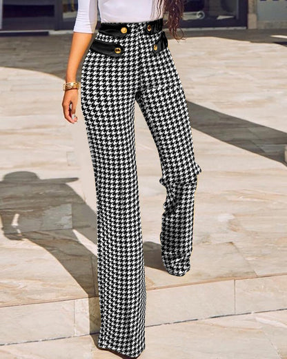 flowersverse Women Buttoned High Waist Wide Leg Tailored Pants Spring Casual Ladies Plaid Long Pencil Pants Elegant Trousers Overalls