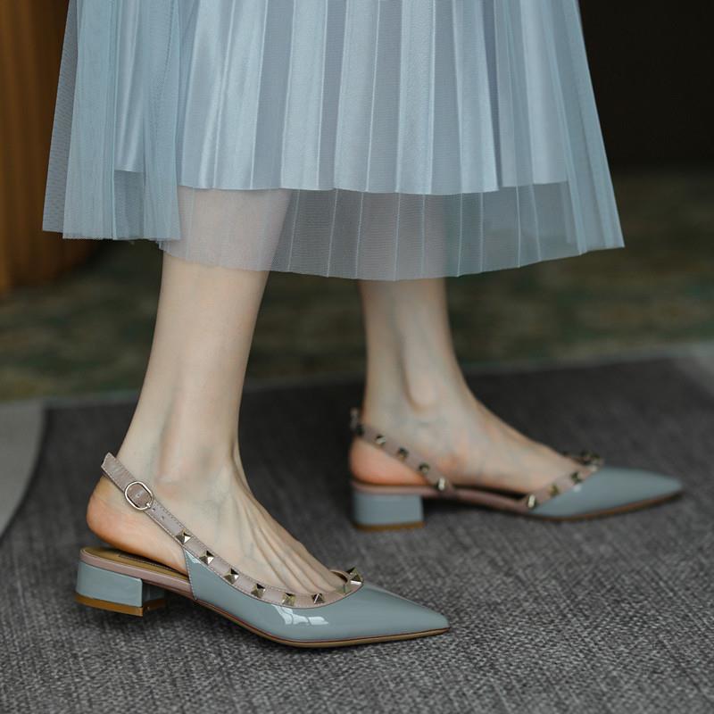 flowersverse New Summer Women Sandals Rivet Pointed Toe Chunky Heel Low Heel Flat Females Pumps Fashion High Quality Elegant Noble Lady Shoe
