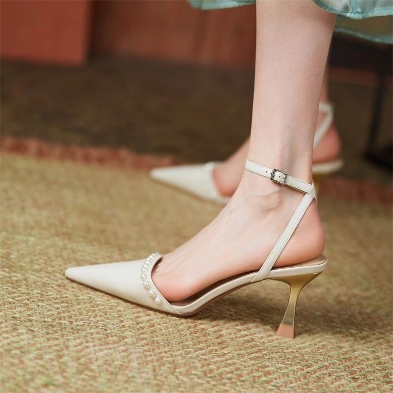 Amozae New Summer Women Sandals Temperament Pearl Pointed Toe Stiletto Females Heels Solid Fashion High Quality Office Ladies Shoes