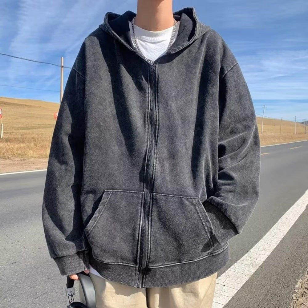 flowersverse American Style Hooded Sweatshirt Men's Zip Up Hoodie Harajuku Retro Streetwear Women Loose Jacket Spring Fall New In