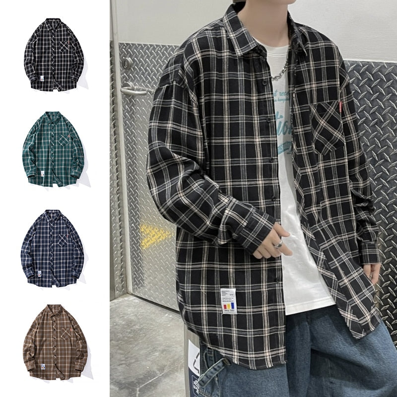flowersverse Harajuku Plaid Shirt Men Hip Hop Flannel Checked Over Size Shirt High Quality Spring New Oversize Streetwear Green Retro Blouses