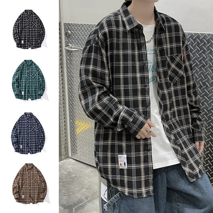 flowersverse Harajuku Plaid Shirt Men Hip Hop Flannel Checked Over Size Shirt High Quality Spring New Oversize Streetwear Green Retro Blouses