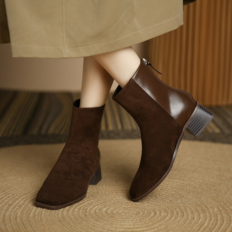 flowersverse Autumn Women Short Boots Winter Suede Stitching Square Toe Lady Shoe Rear Zipper Thick Heel Fashion Solid Elastic Female Boot