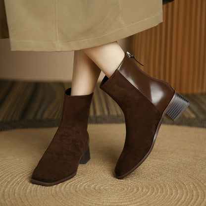 flowersverse Autumn Women Short Boots Winter Suede Stitching Square Toe Lady Shoe Rear Zipper Thick Heel Fashion Solid Elastic Female Boot
