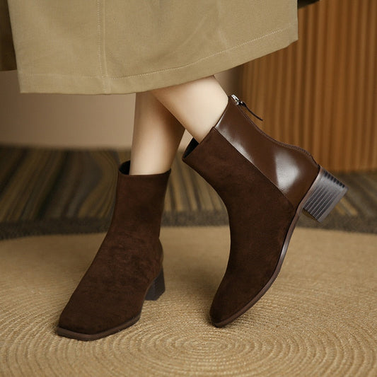 flowersverse Autumn Women Short Boots Winter Suede Stitching Square Toe Lady Shoe Rear Zipper Thick Heel Fashion Solid Elastic Female Boot