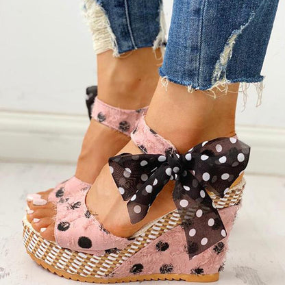 Christmas Gift Women Sandals Dot Bowknot Design Platform Wedge Female Casual High Increas Shoes Ladies Fashion Ankle Strap Open Toe Sandals