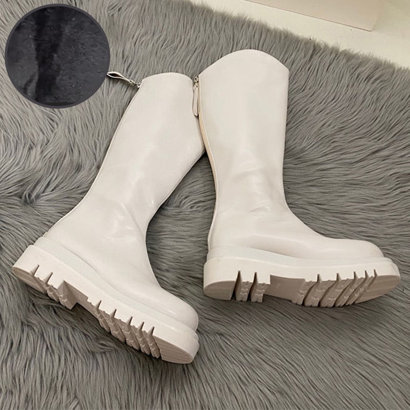 flowersverse Women Boots Fashion Casual Non Slip Zipper Knee Boots Woman Comfortable Round Boots Ladies Platform PU Winter Boot Female