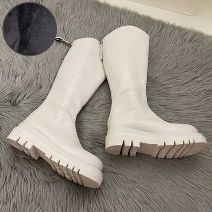 flowersverse Women Boots Fashion Casual Non Slip Zipper Knee Boots Woman Comfortable Round Boots Ladies Platform PU Winter Boot Female