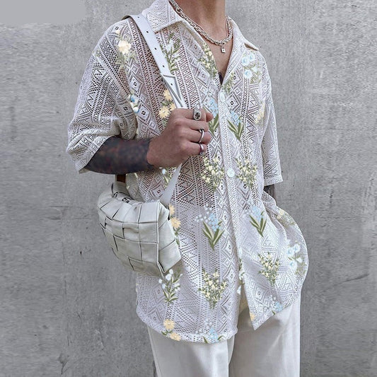 flowersverse Men Shirt Mesh See Through Lapel Sexy Short Sleeve Lace Button Camisas Streetwear Party Nightclub Men Clothing 7