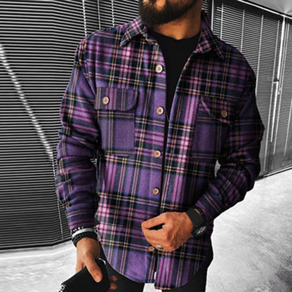 flowersverse Business Casual Plaid Print Wool Shirt Jacket Men  Spring Single Breasted Lapel Top Autumn Pocket Patchwork T-shirt Cardigan