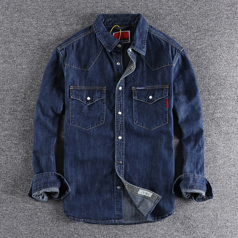flowersverse Denim Shirt Men Cotton Jeans Shirt American Retro Washed Fashion Pocket Slim Long Sleeve Cowboy Shirt Stylish Slim Tops Shirts