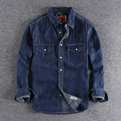 flowersverse Denim Shirt Men Cotton Jeans Shirt American Retro Washed Fashion Pocket Slim Long Sleeve Cowboy Shirt Stylish Slim Tops Shirts