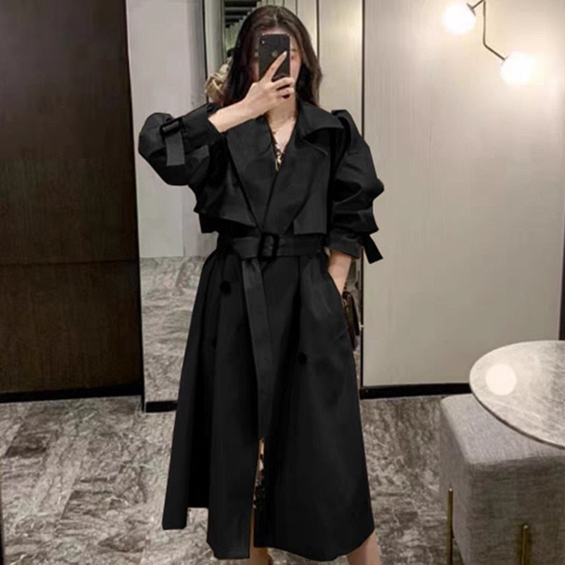 flowersverse Turn Down Collar V Neck Double Breasted Trench Coat Women Winter Clothes Women with Belt Korean Style Casual Slim Windbreaker
