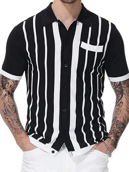 flowersverse Summer Short Sleeve Knitted Polo Shirt Casual Men Button-up Turn-down Collar Tops Mens Fashion Striped Polos Man Streetwear