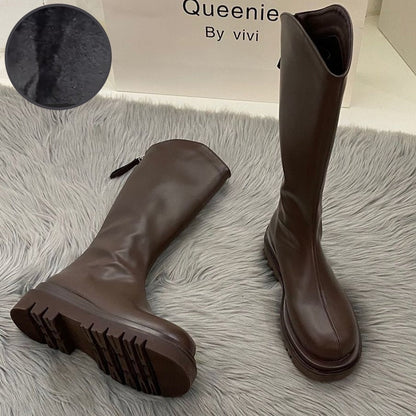 flowersverse Women Boots Fashion Casual Non Slip Zipper Knee Boots Woman Comfortable Round Boots Ladies Platform PU Winter Boot Female