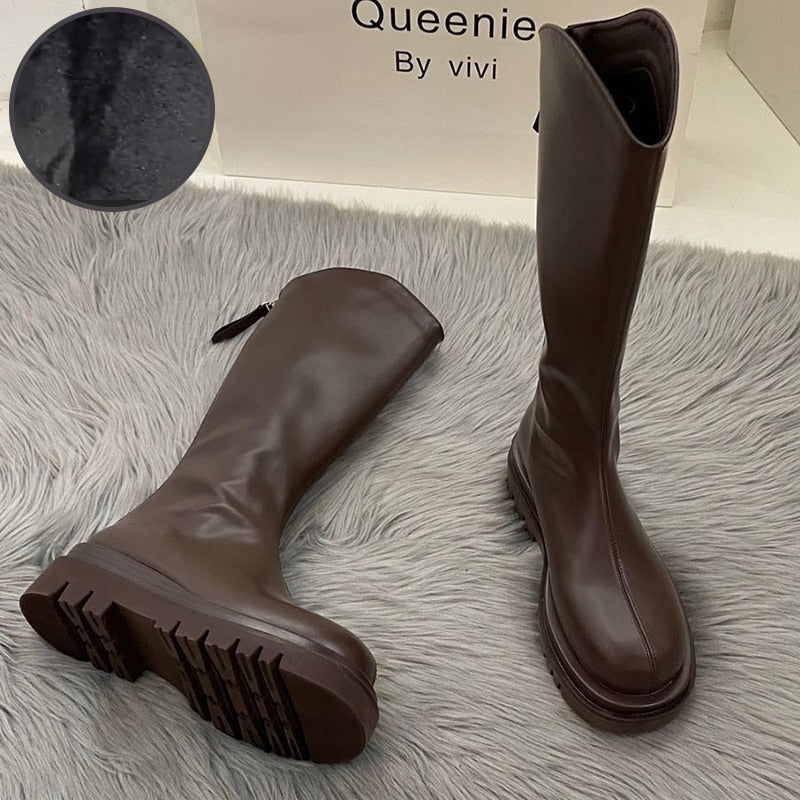 flowersverse Women Boots Fashion Casual Non Slip Zipper Knee Boots Woman Comfortable Round Boots Ladies Platform PU Winter Boot Female