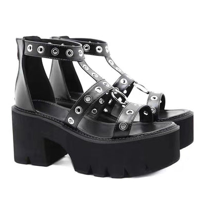 Amozae  Summer Women Platform Sandals Metal Ring Cutout High Heels Punk Goth Platform Shoes Ladies Heel Sandalias Sandales Femmes Été